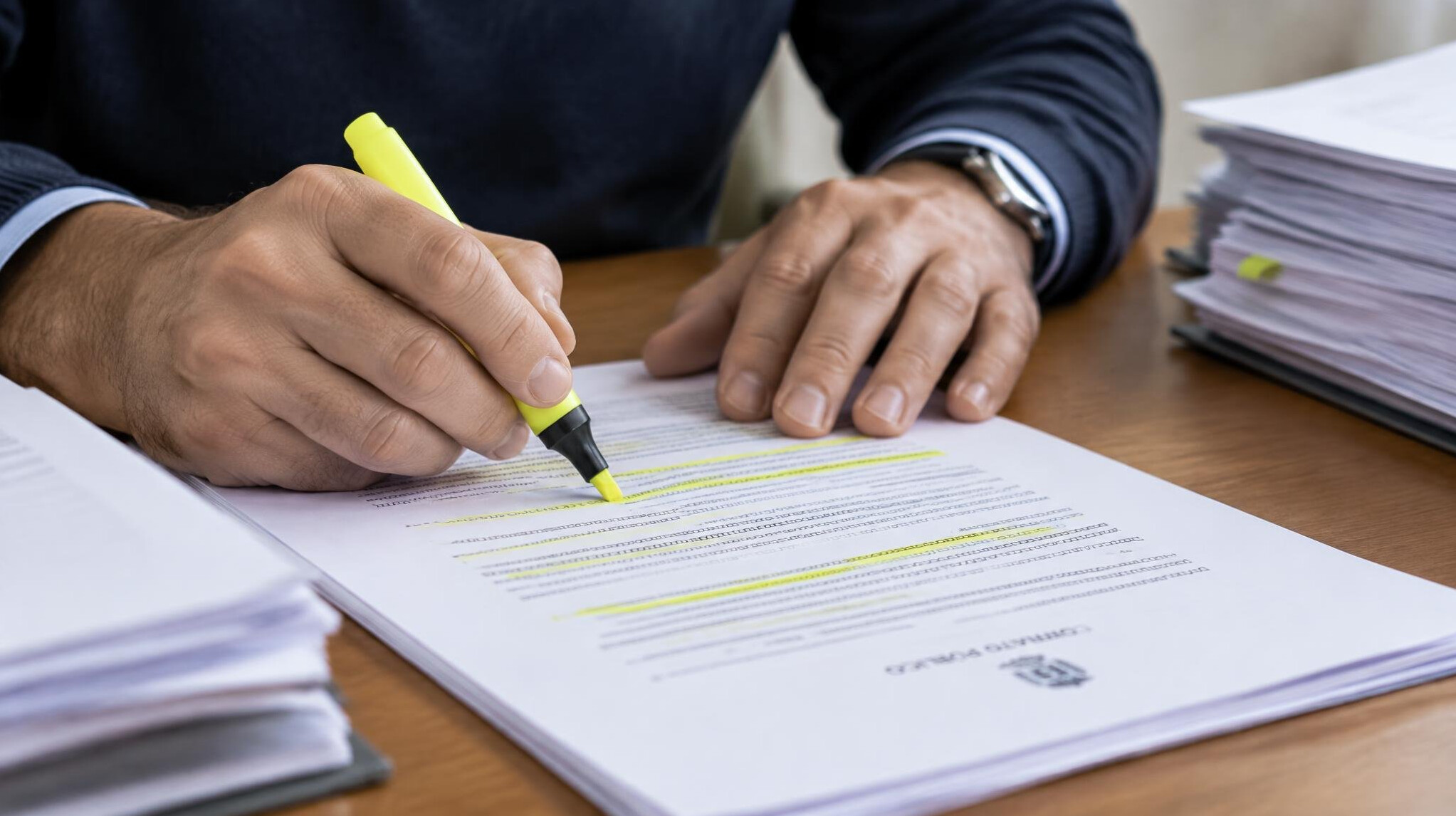 Mãos de pessoa a analisar documentos impressos com marcador amarelo